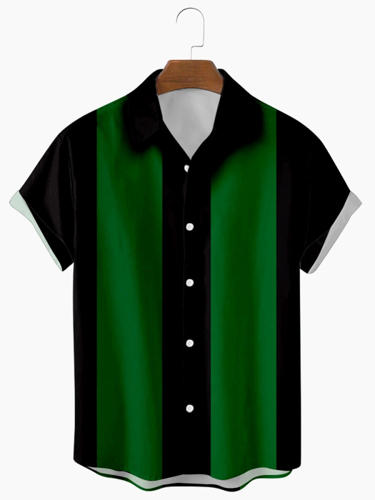 New Green Striped 3D Digital Printing Short Sleeve Shirt For Men