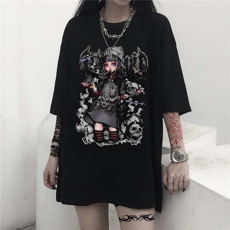 Vintage Gothic Girly Print Loose Cropped T-Shirt