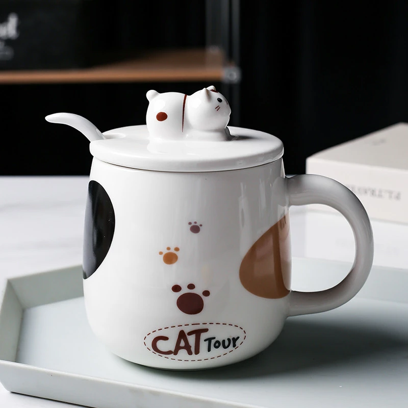 Cartoon Ceramic Cat Mug With Lid And Spoon Simple Creative Cute Girl Coffee Milk