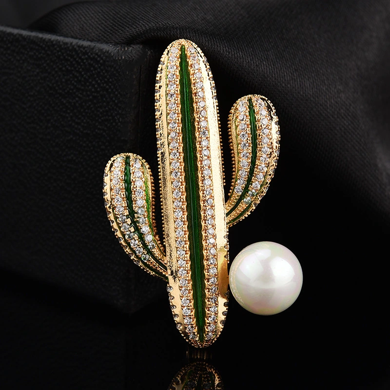 Cactus Pearl Brooch High-end All-match Diamond Gold Suit Brooch