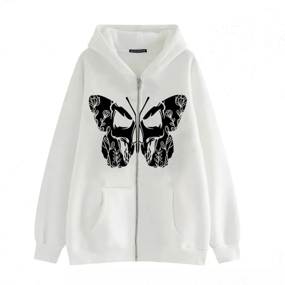Casual Cardigan Dark Butterfly Print Zip Sweatshirt