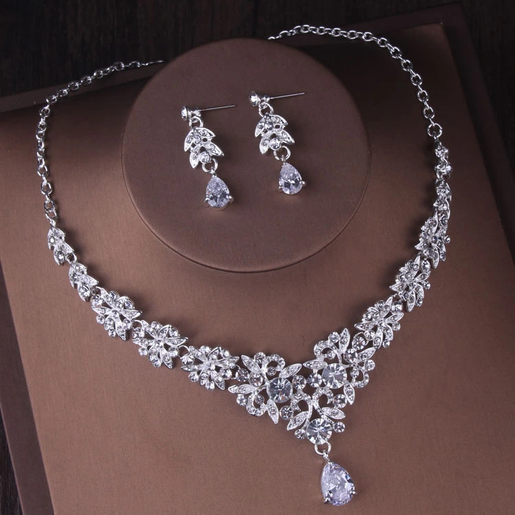 Zircon Crown Necklace Earrings Three Piece Evening Dress