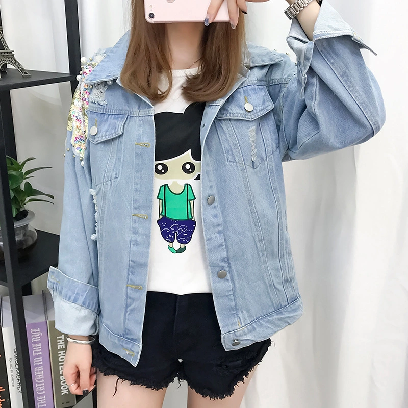 All-match Korean Style Loose Embroidered Denim Jacket Women