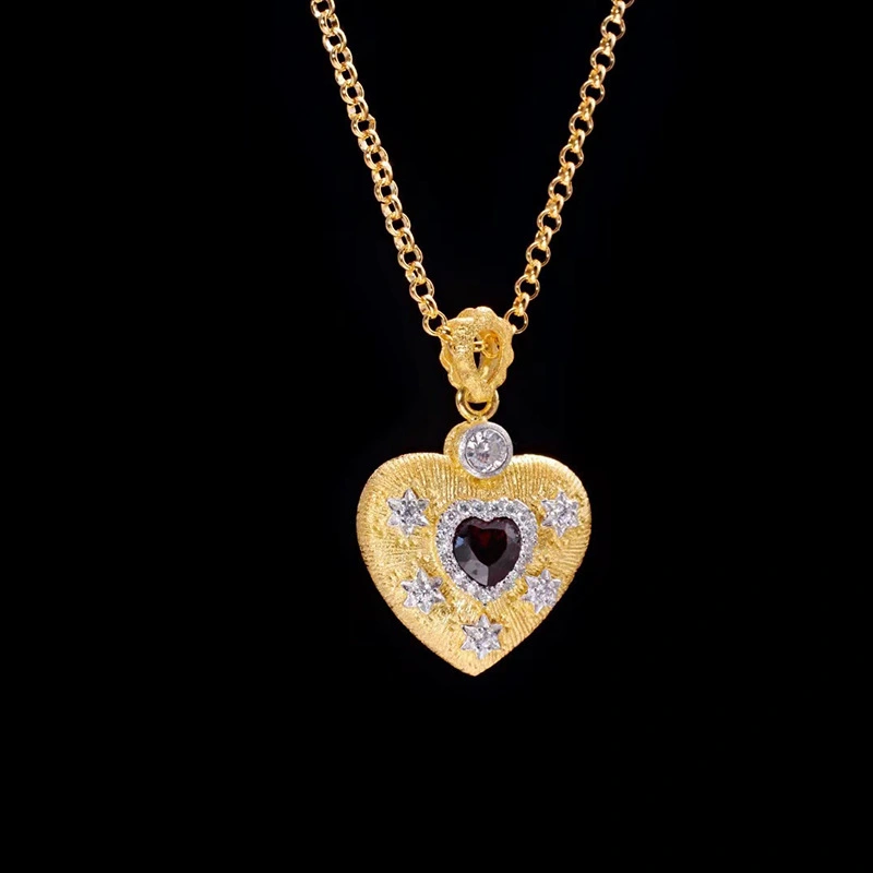 Brushed Heart S925 Silver Gold Plated Garnet Pendant