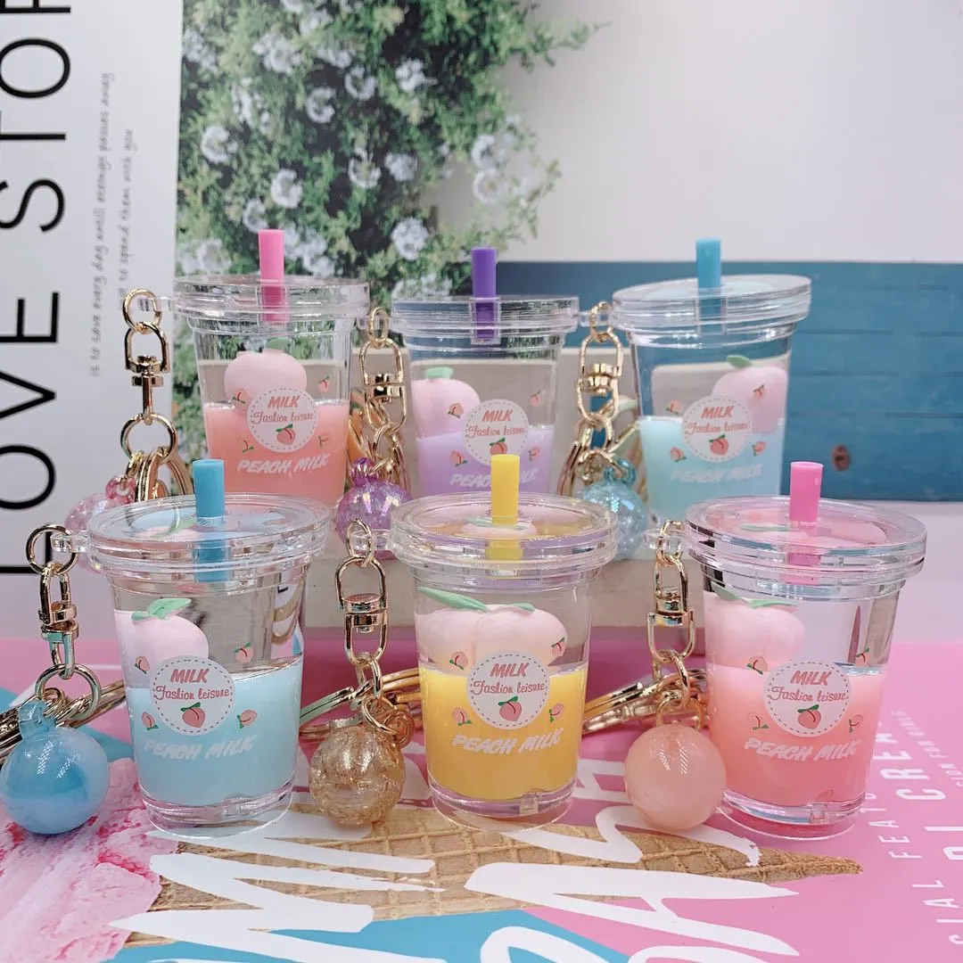 Peach Into Oil Floating Keychain Girl Heart Quicksand Milk Tea Cup Car Bag Pendant