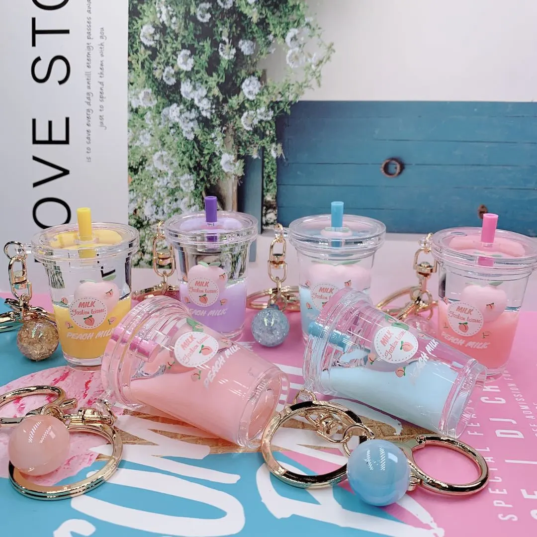 Peach Into Oil Floating Keychain Girl Heart Quicksand Milk Tea Cup Car Bag Pendant