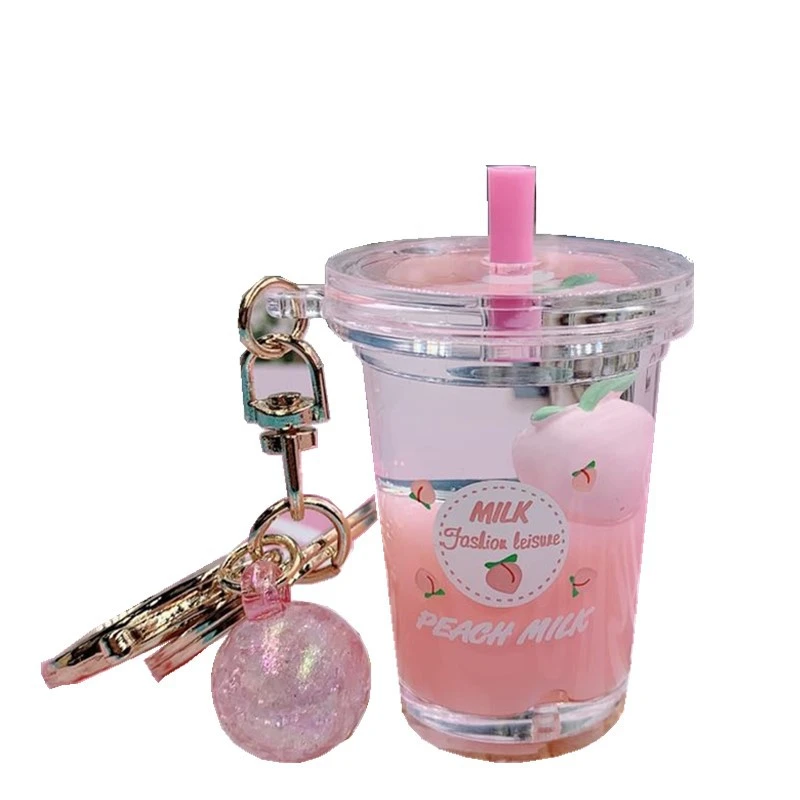 Peach Into Oil Floating Keychain Girl Heart Quicksand Milk Tea Cup Car Bag Pendant