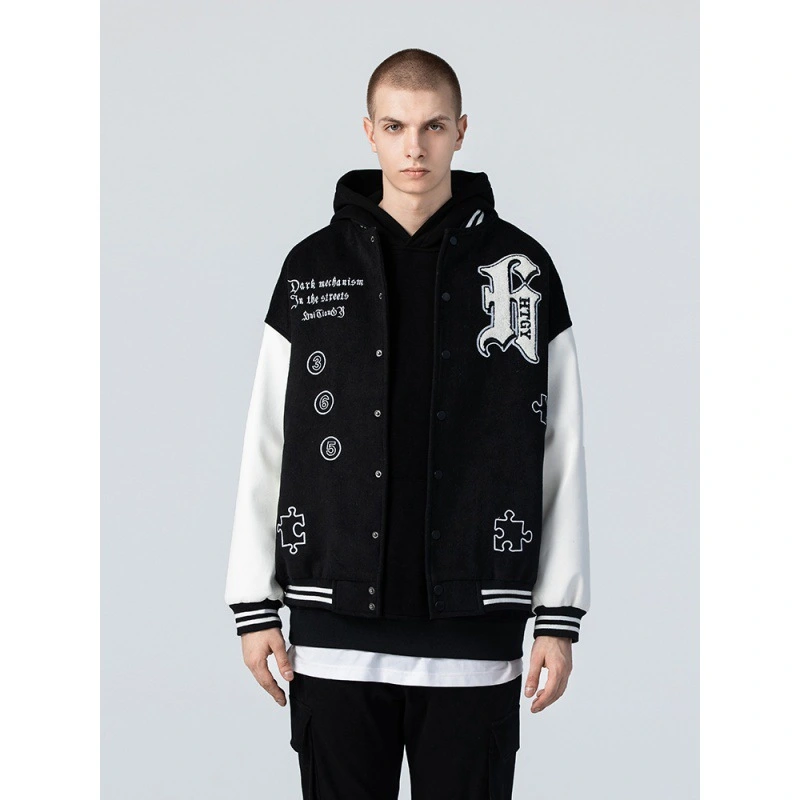 Street Hip Hop Leather Sleeve Woolen Baseball Uniform Embroidered Jacket