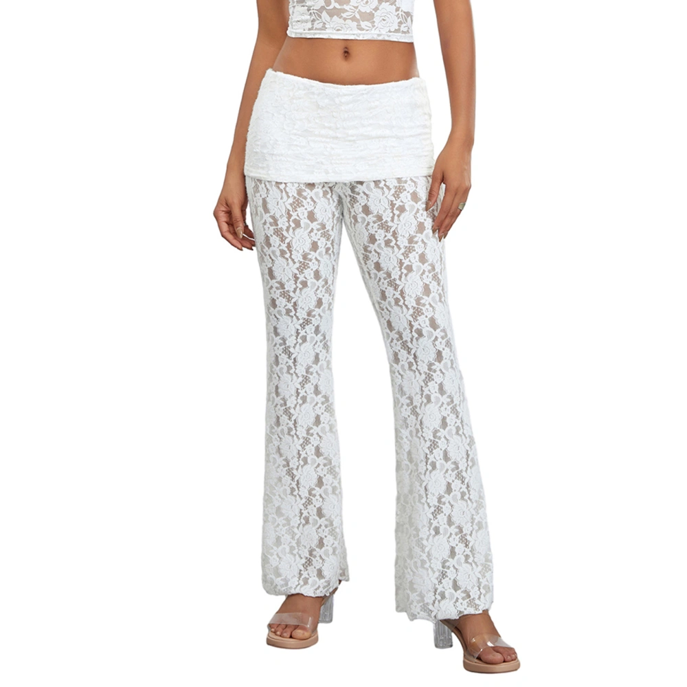 Women Floral Lace Flared Pants Casual Elastic Waist Bell Bottoms 