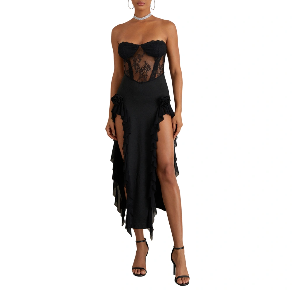 Women's Lace Strapless Dress Backless Thigh Slit Slim Midi Dress