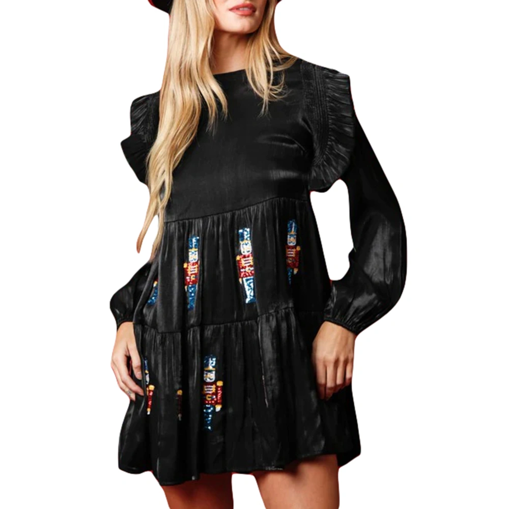 Women Soldier Sequin Babydoll Dress Round Neck Long Sleeves Dress