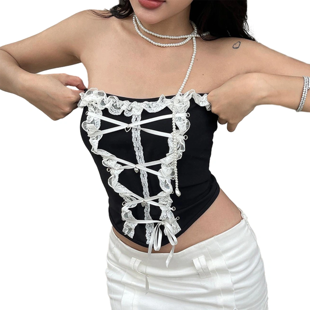 Women's Lace Trim Tube Tops, Contrast Strapless Slim Corset Tops 