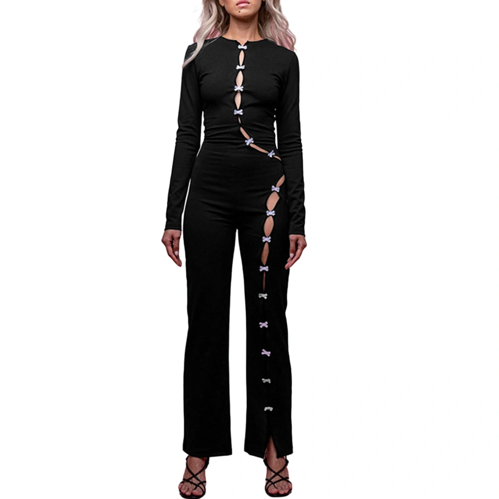 Women Jumpsuit, Elegant Long Sleeve Crew Neck Hollowed Bow Romper