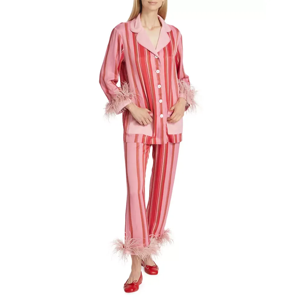 Women Pajama Set, Furry Patchwork Striped Long Sleeve Tops Pants