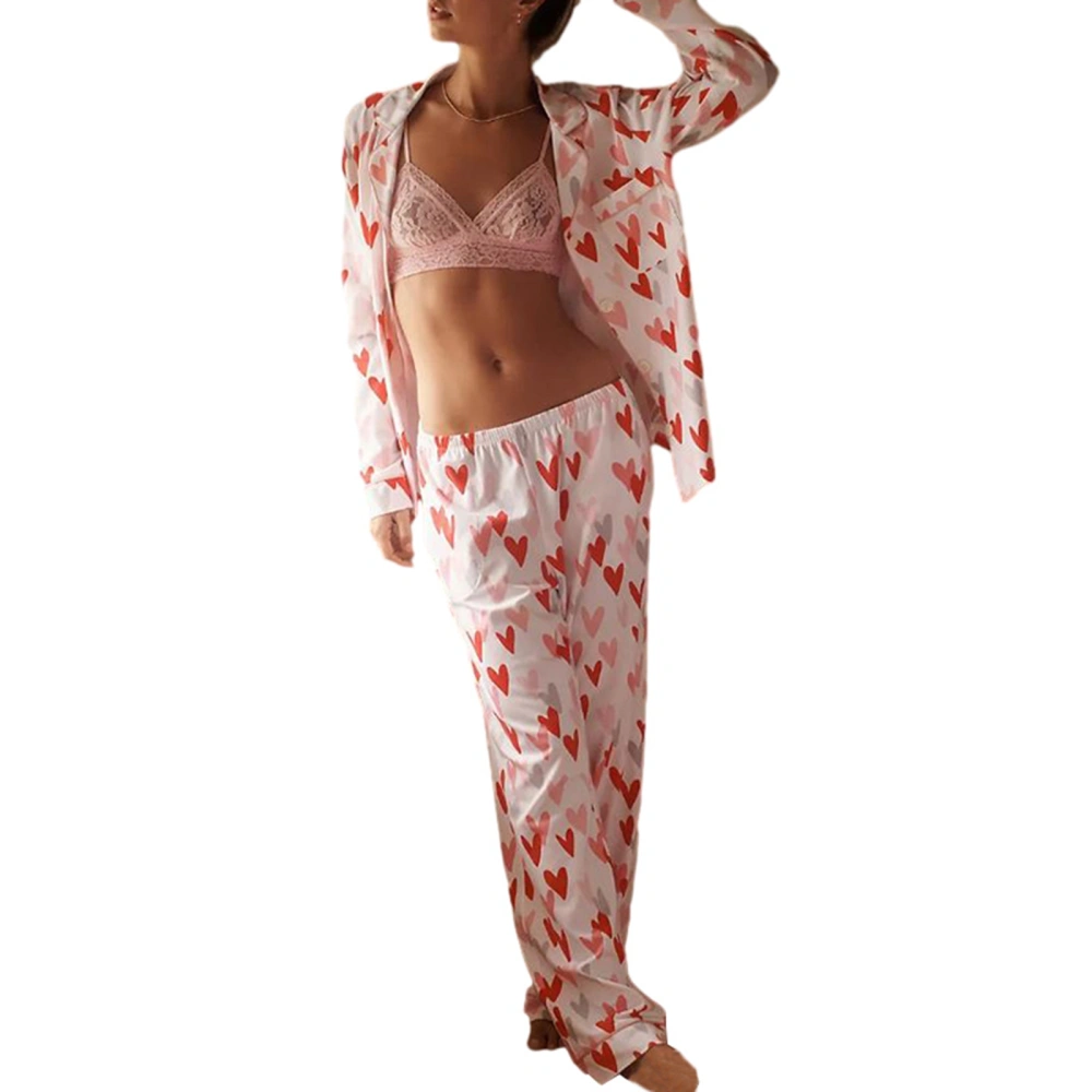 Women Long Sleeve Lapel Button Up Tops Heart Print Pants Sleepwear Set