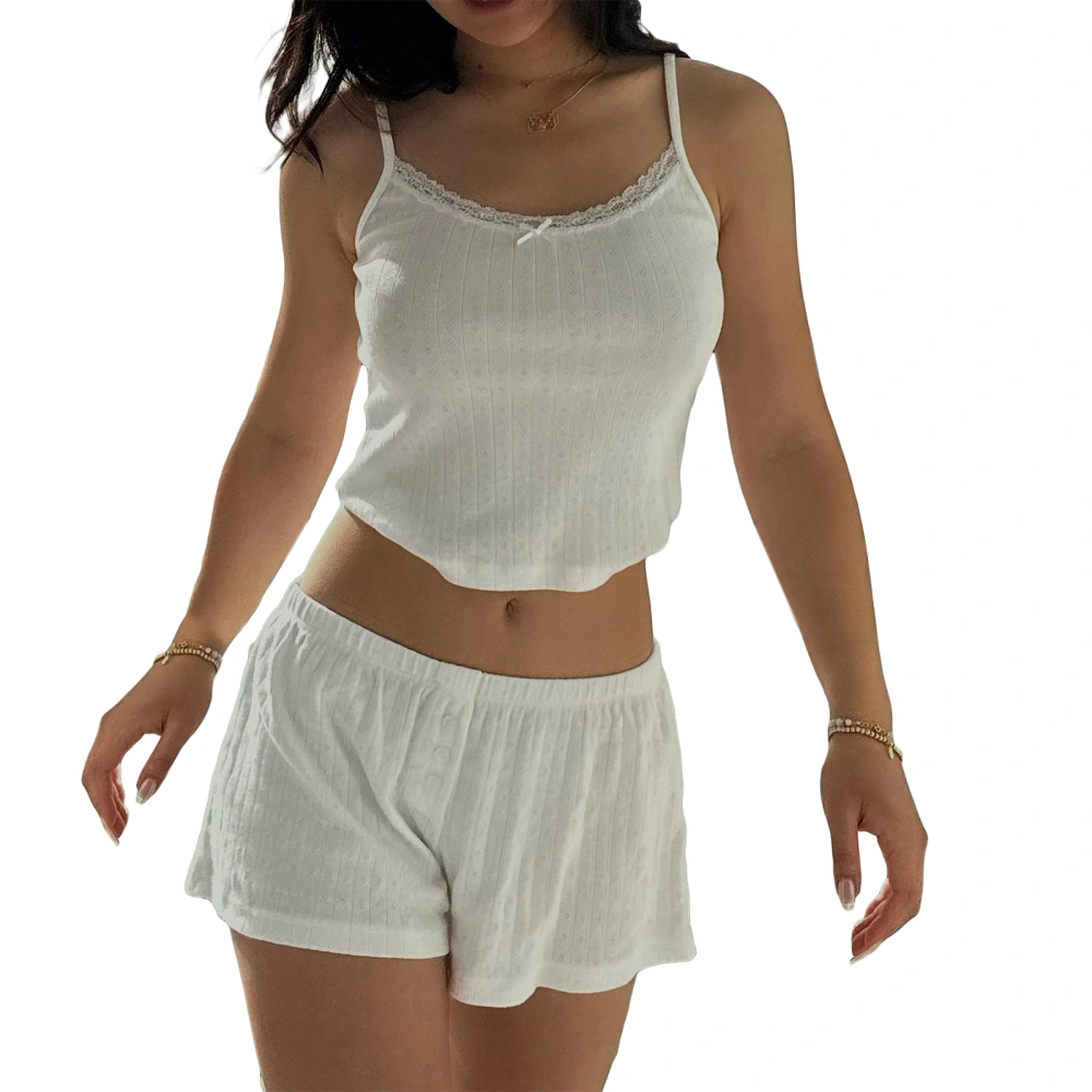 Women's Summer Loungewear Set, Lace Trim Cami Tops Button Shorts