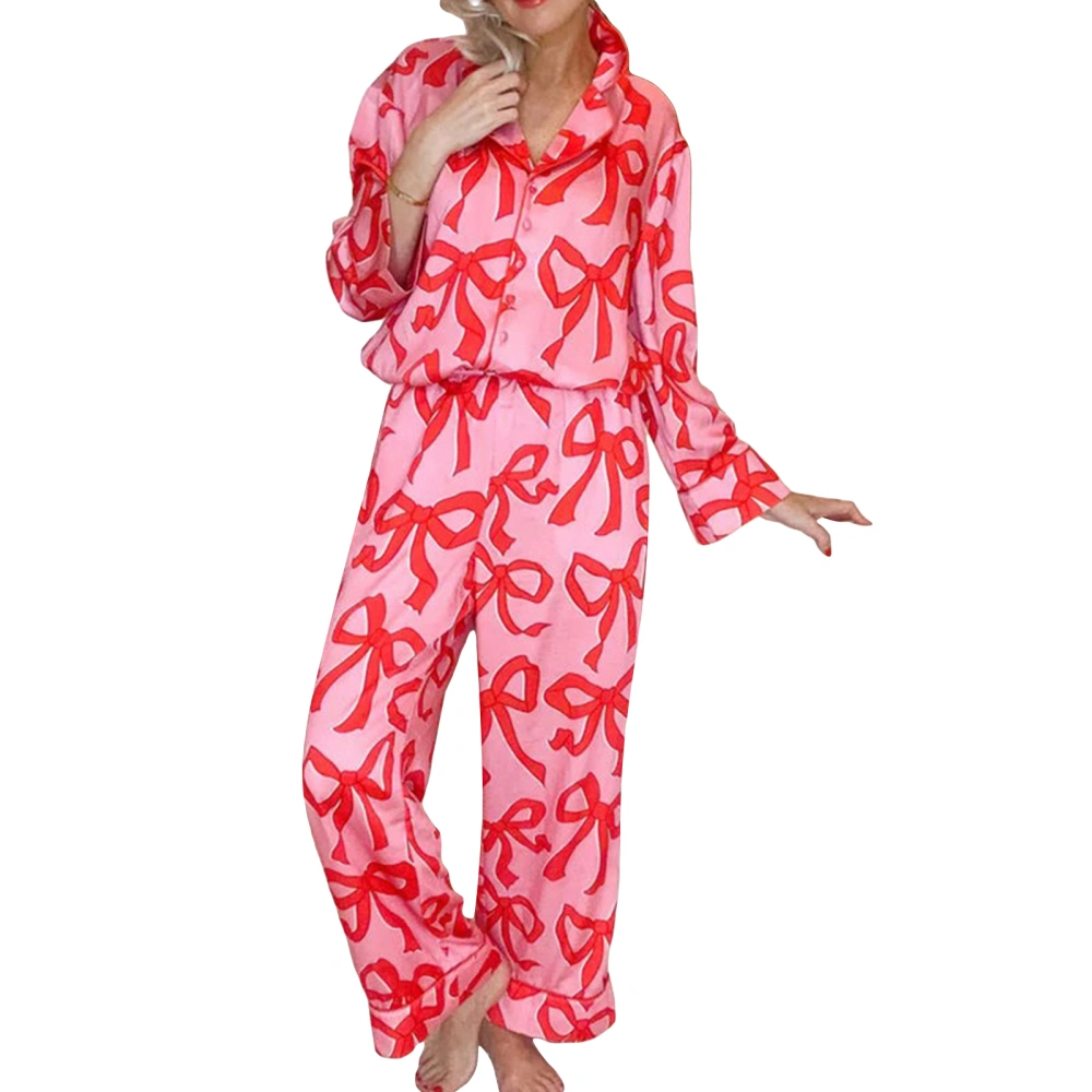 Women's 2 Piece Pajama Set Long Sleeve Shirt Tops Bow Print Pants Sets