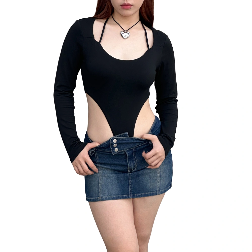 Women Bodysuit, Long Sleeve Tie-up Halterneck Solid Slim Fit Romper