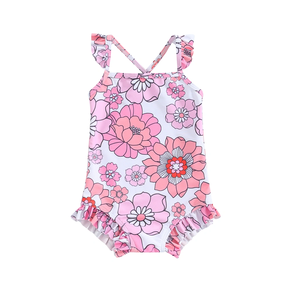 Toddler Girls Swimsuit Floral Print Straps Sleeveless Ruffles Bathing Suit