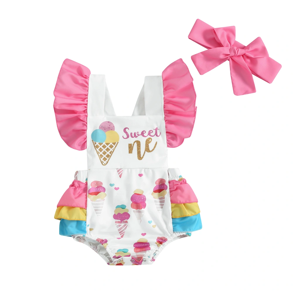 Baby Girls Romper Flying Sleeve Ice Cream Print Jumpsuit Headband