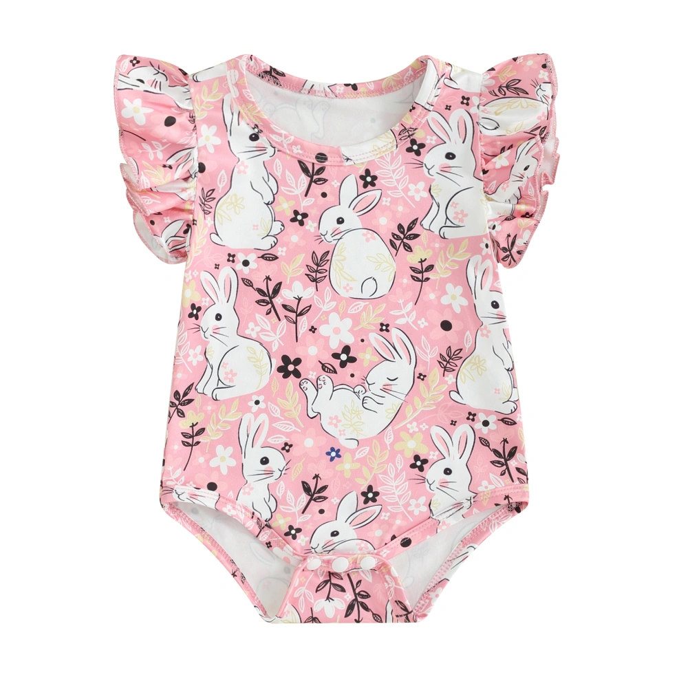 Baby Girls Easter Flying Sleeve Crew Neck Bunny Print Romper