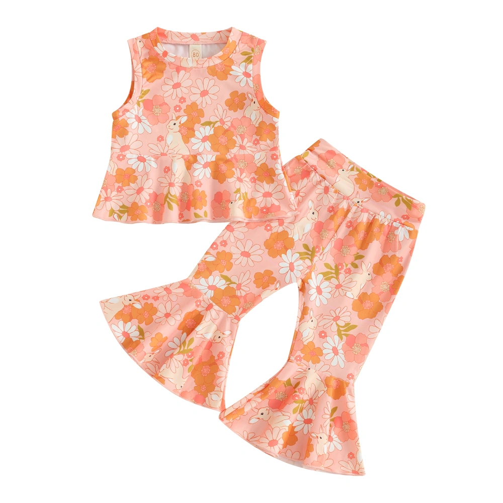 Girls Pants Set, Flower Rabbit Print Sleeveless Tank Top Flare Pants