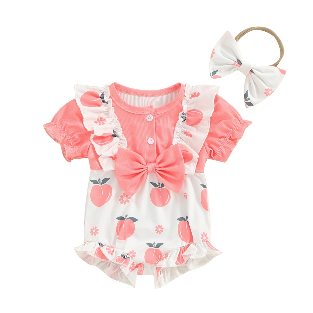 Baby Girl Outfit, Short Sleeve Fruit Print Bow Bodysuit with Headband