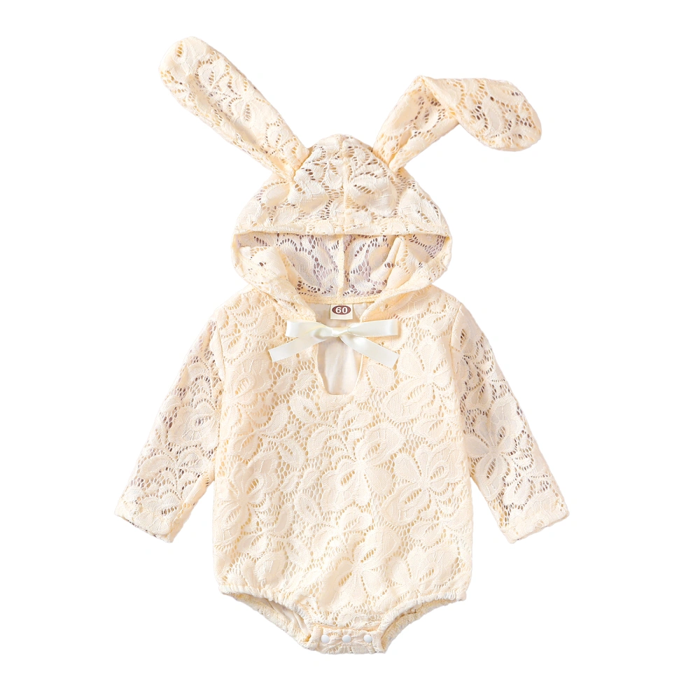 Baby Girls Lace Romper, Long Sleeve Bunny Ears Hooded Bow Bodysuit