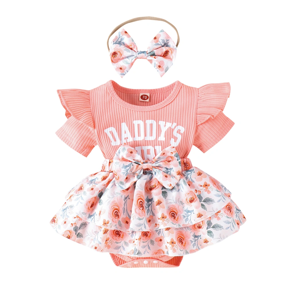 Baby Girl Outfit, Short Sleeve Letters Flower Romper Dress Headband