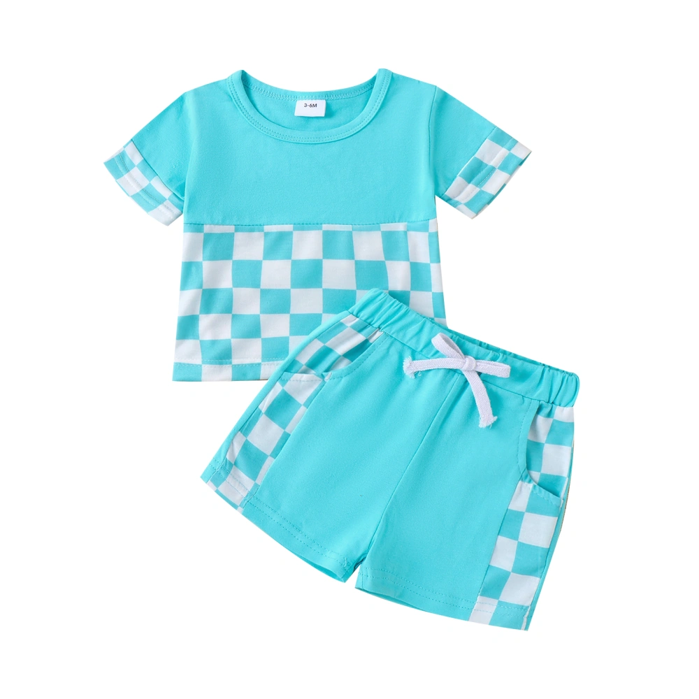 Boy Checkerboard Print Short Sleeve Round Neck T-Shirt with Shorts