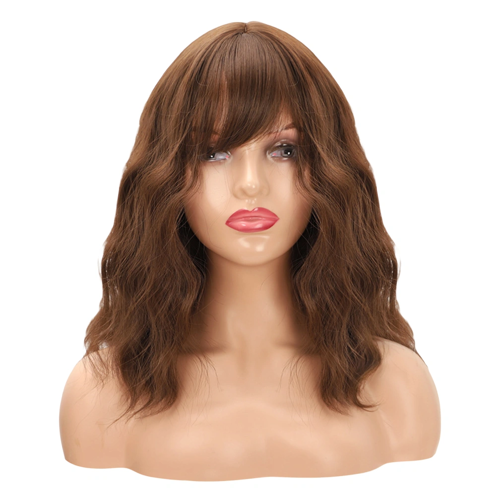 Women Medium Length Wig Wavy Hair Extensions Hairpiece with Bang