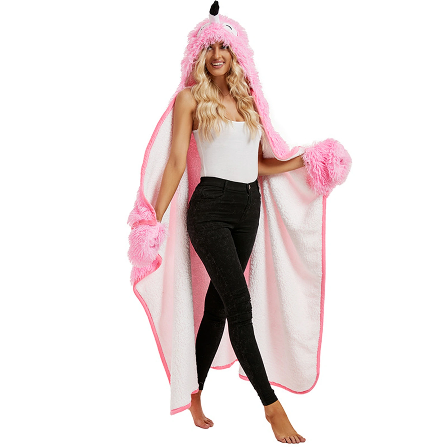 Wearable Hooded Blanket with Gloves for Adults, Flannel Hoodie Cloak