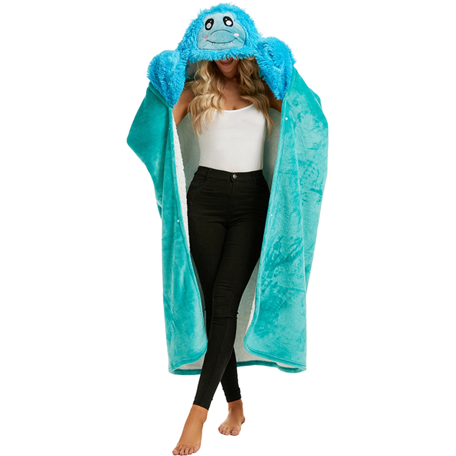 Wearable Hooded Blanket with Gloves for Adults, Flannel Hoodie Cloak
