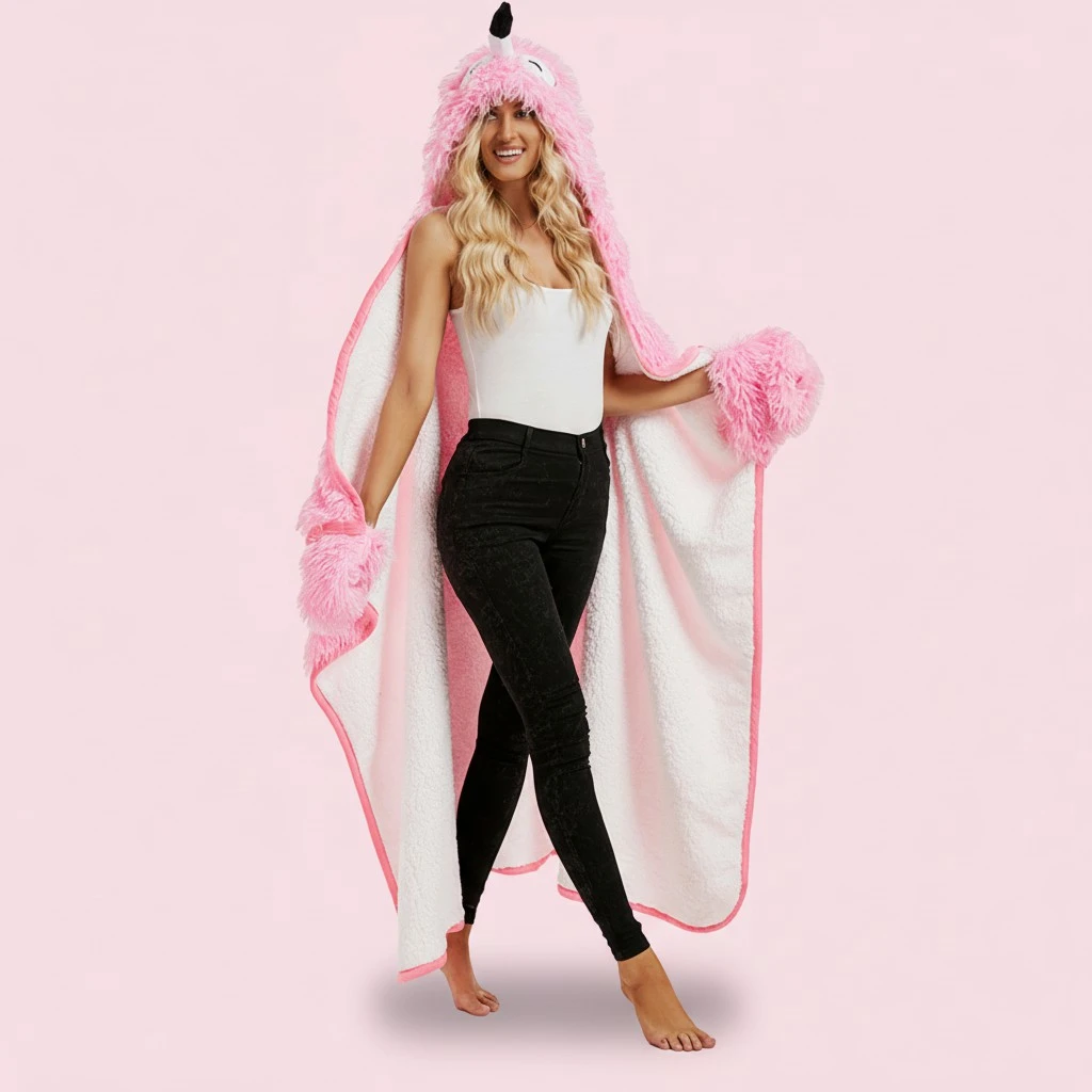 Wearable Hooded Blanket with Gloves for Adults, Flannel Hoodie Cloak
