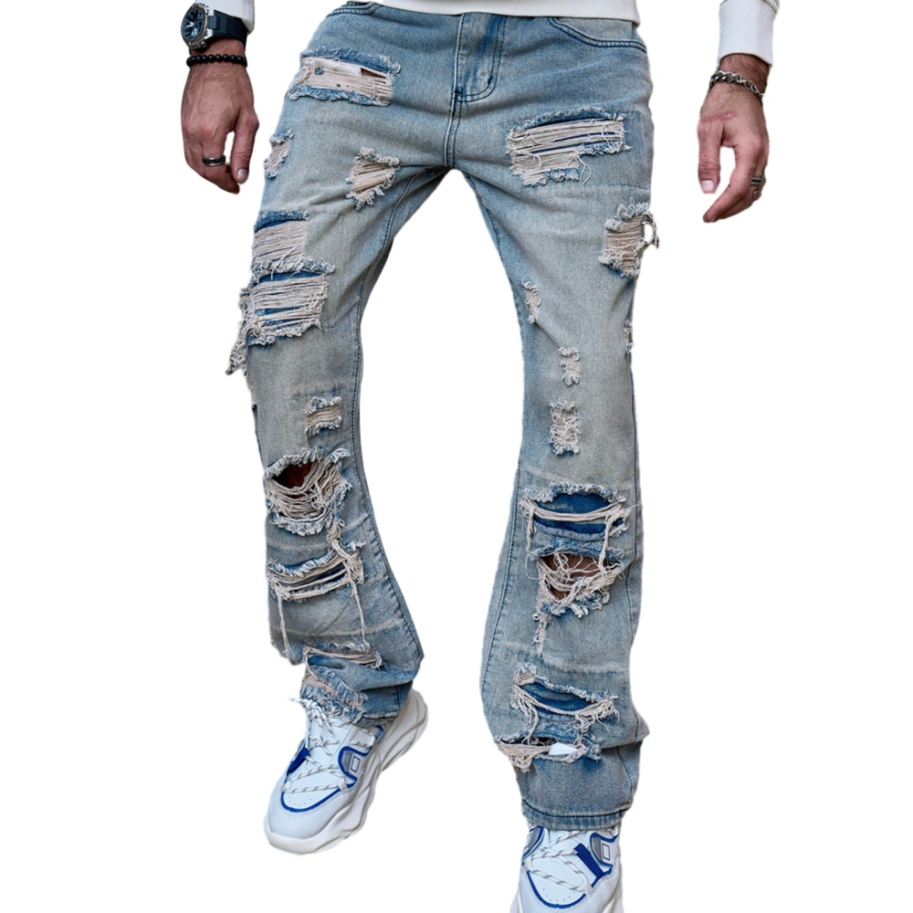 Men's Ripped Distressed Pants Destroyed Mid Waist Straight Fit Denim Jeans