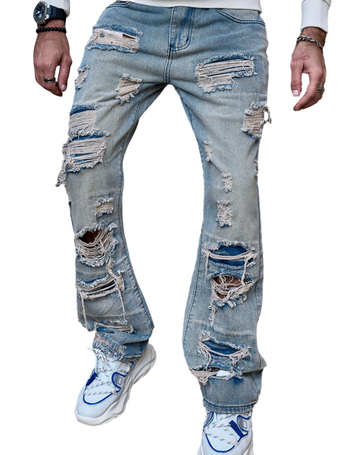 Men's Ripped Distressed Pants Destroyed Mid Waist Straight Fit Denim Jeans