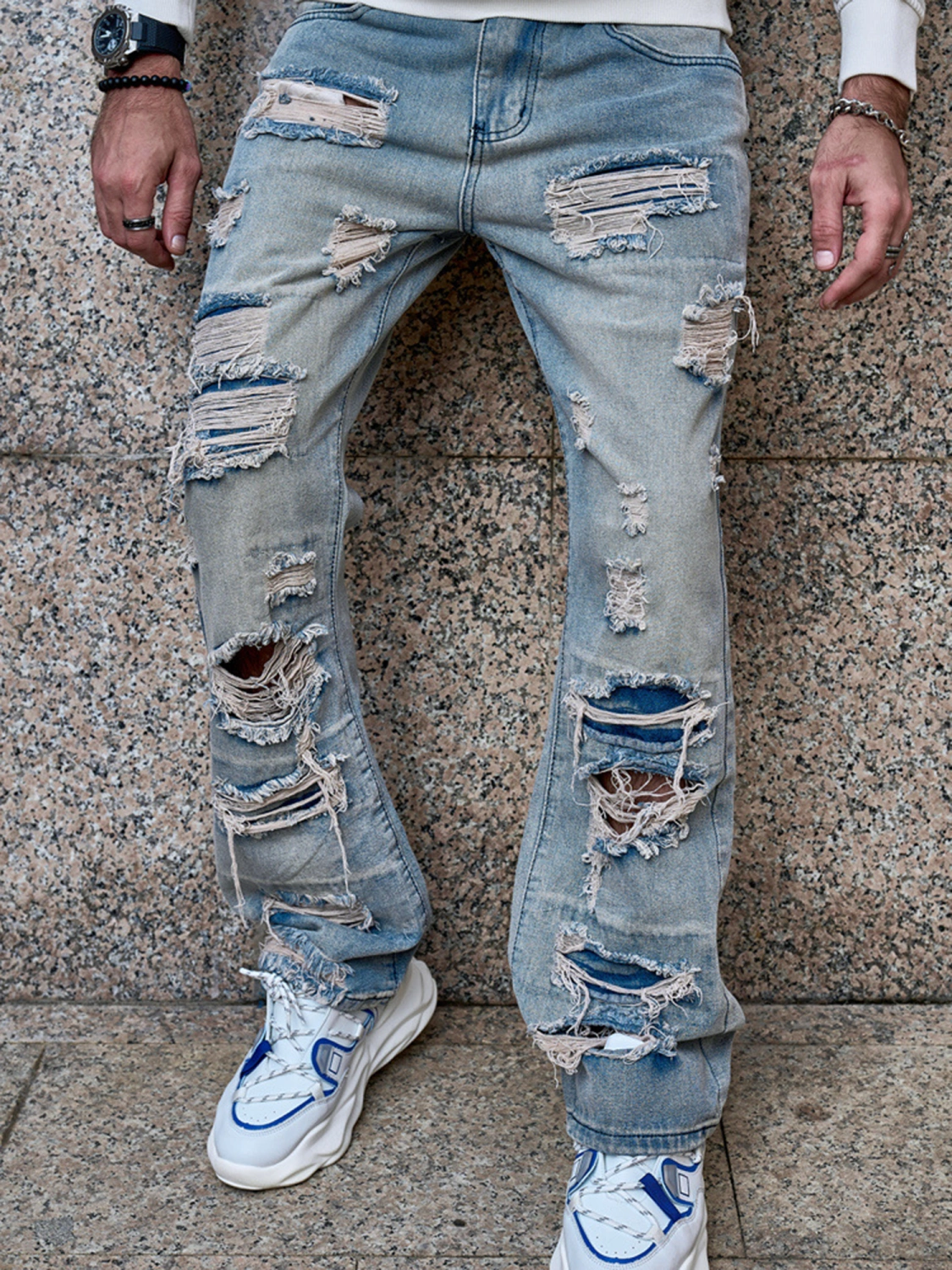 Men's Ripped Distressed Pants Destroyed Mid Waist Straight Fit Denim Jeans