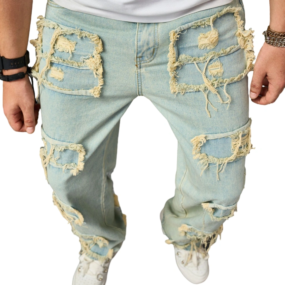 Men Jeans, Vintage Patchwork Loose Casual Jeans Daily Trousers