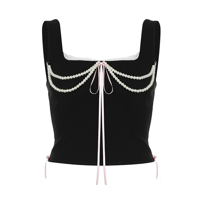 Women Camisoles Palace Lace Trim Pearl Chain Embellished Tank Tops