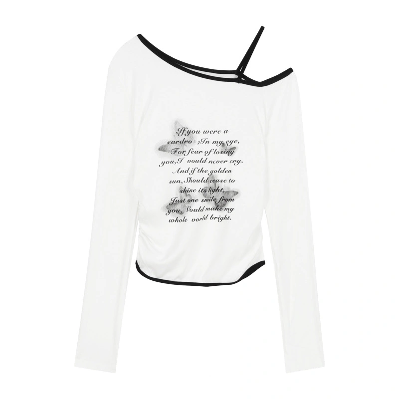 Women Long Sleeve Crop Tops Butterfly Letter Print Casual T-Shirts