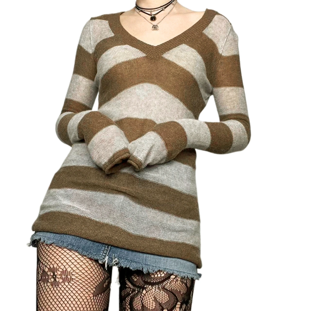 Women's Spring Autumn V Neck Long Sleeve Striped Knit Sweater