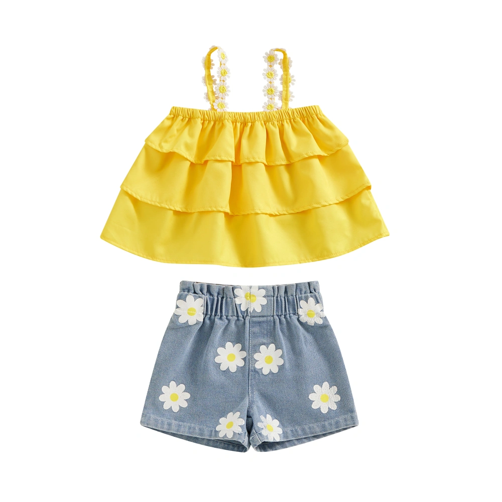 Girls Shorts Sets Yellow Tiered Ruffle Camisole Denim Shorts Sets