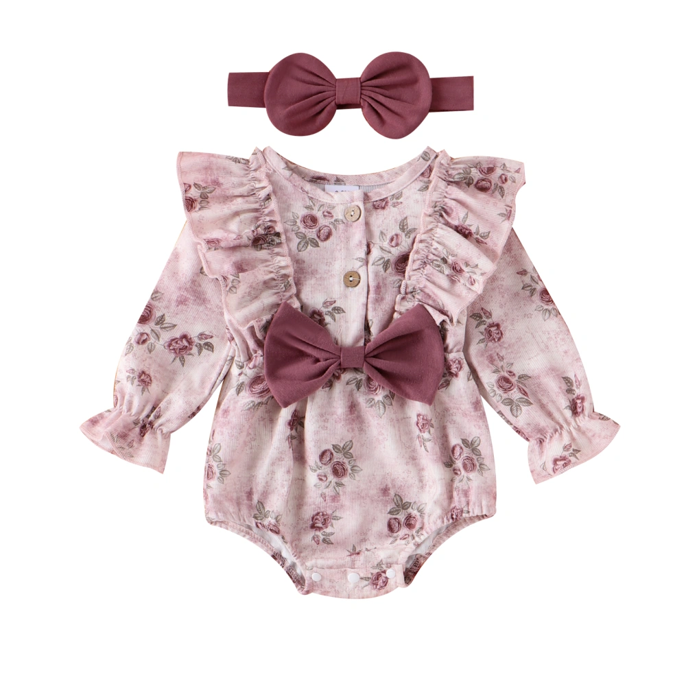 Newborn Girl Outfit, Long Sleeve Flower Print Romper with Hairband