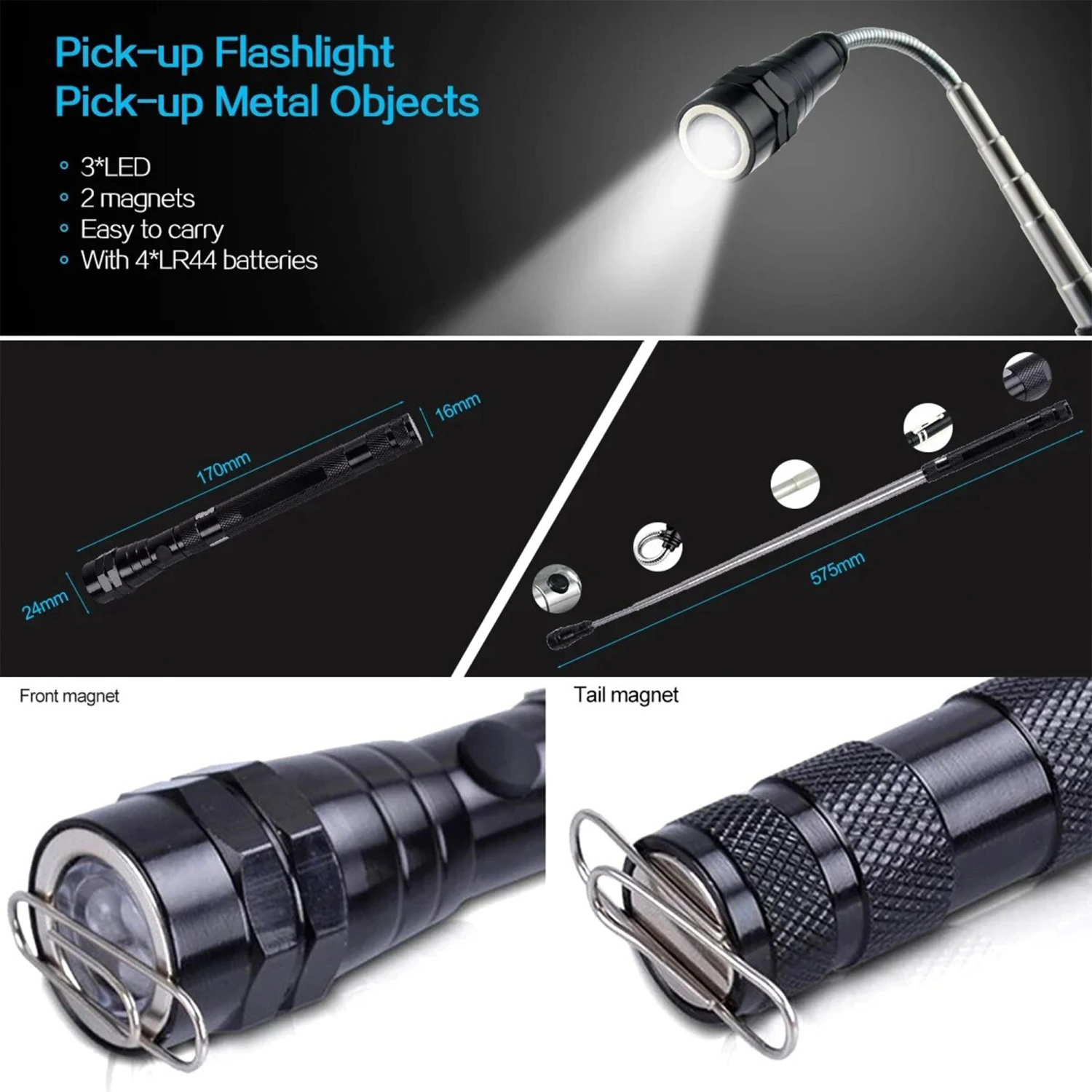 Telescoping Magnetic Flashlight Pickup Tool Stick Rod with LED Lights