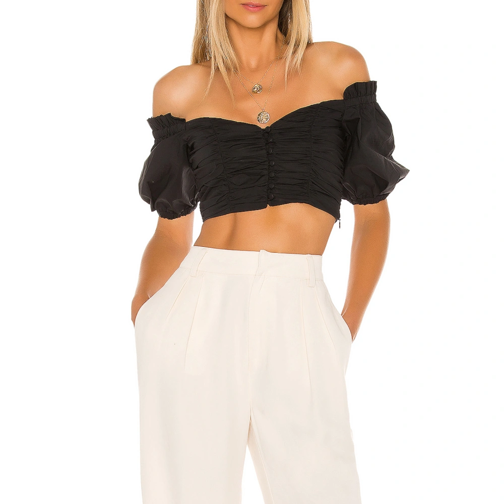 Women Off Shoulder Crop Tops Solid Color Boat Neck Casual T-Shirts