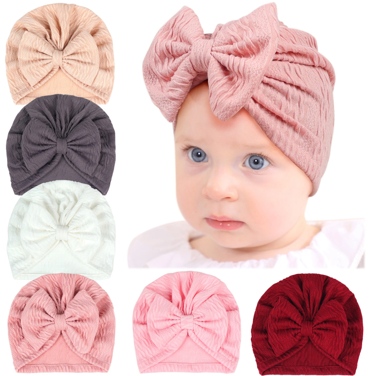 Baby Bonnets Cute Infant Turban Hats Soft Hospital Caps with Bowknot