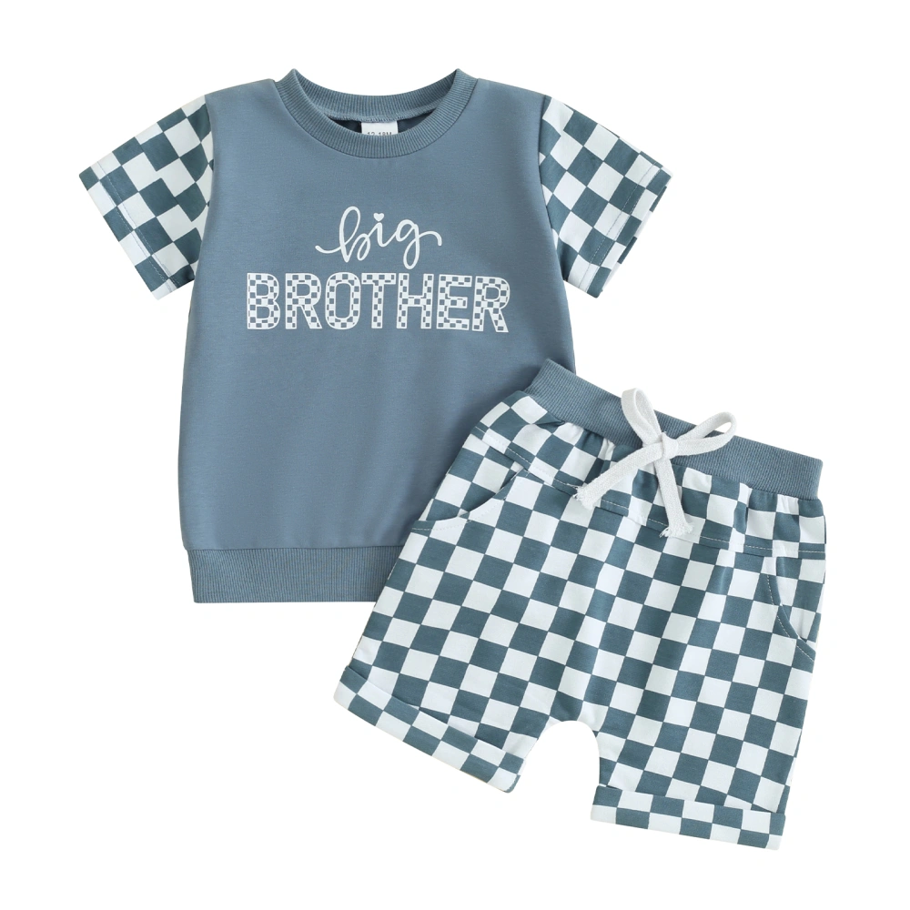 Boy Shorts Sets Short Sleeve Tops and Checkerboard Print Shorts Sets