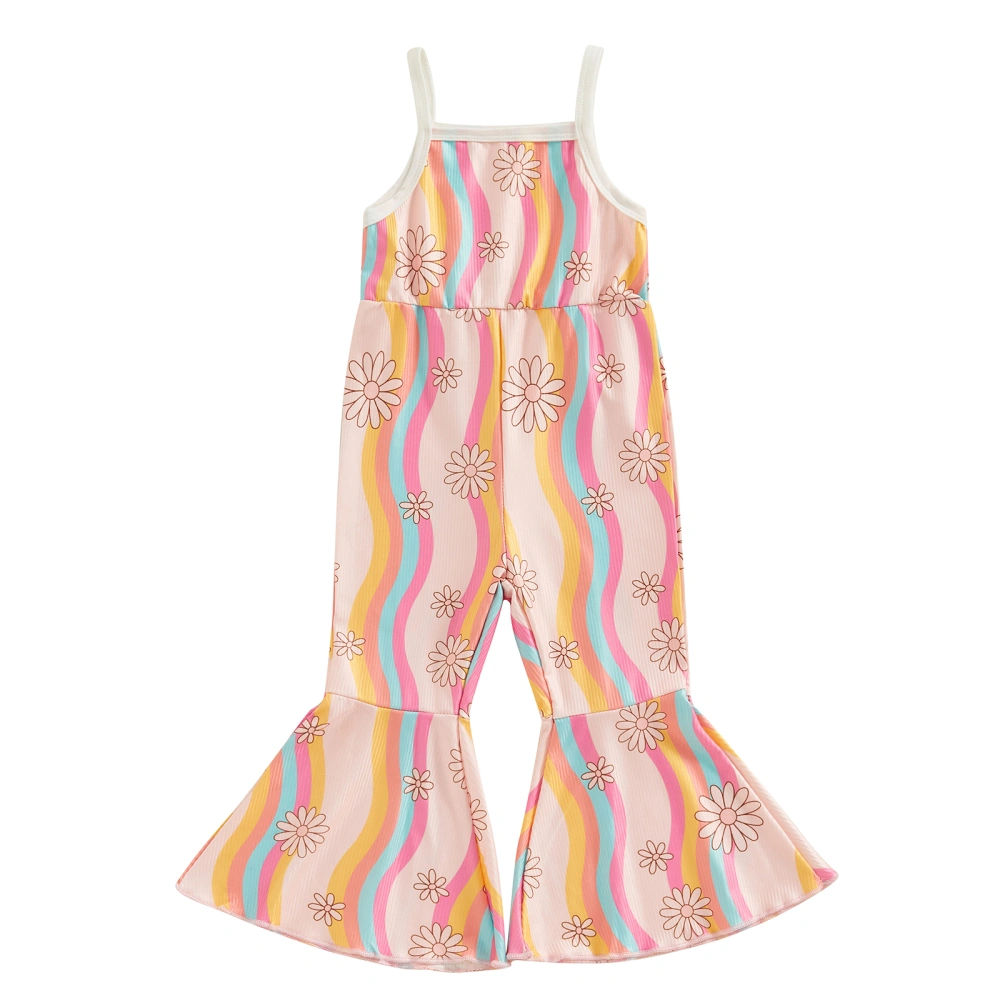 Girl Summer Jumpsuit Sleeveless Flower Print Colorful Striped Playsuit