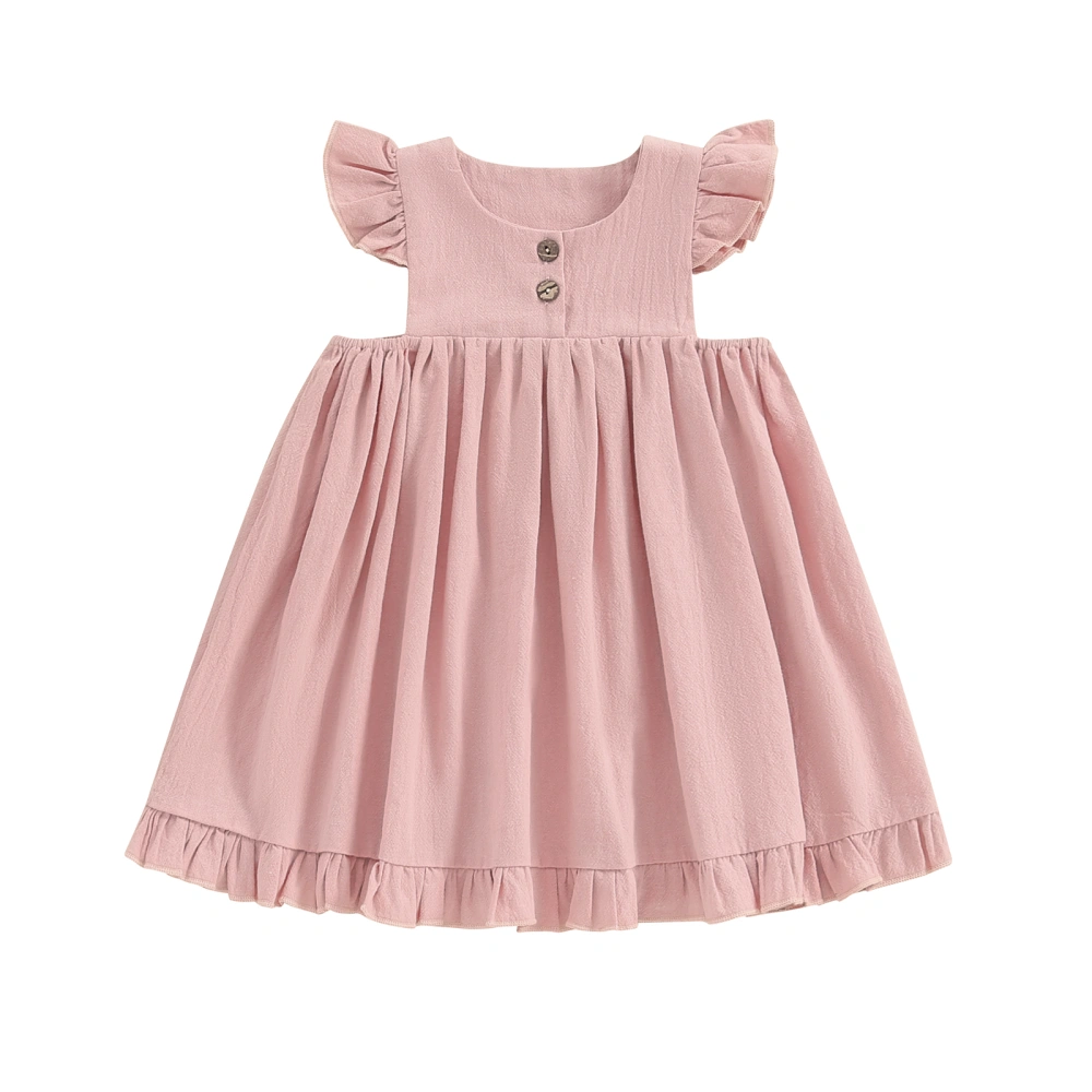 Girl Dress Solid Color Flying Sleeve Round Neck Button A-Line Dress