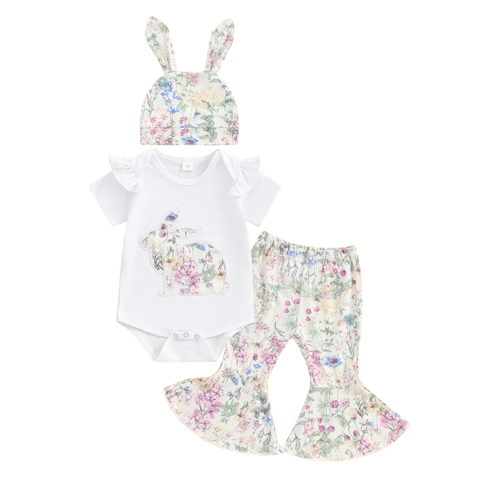 Baby Girls Easter Outfit Bunny Romper with Floral Flare Pants Hat